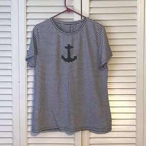 Talbots Navy & White Striped Anchor Short Sleeve Tee